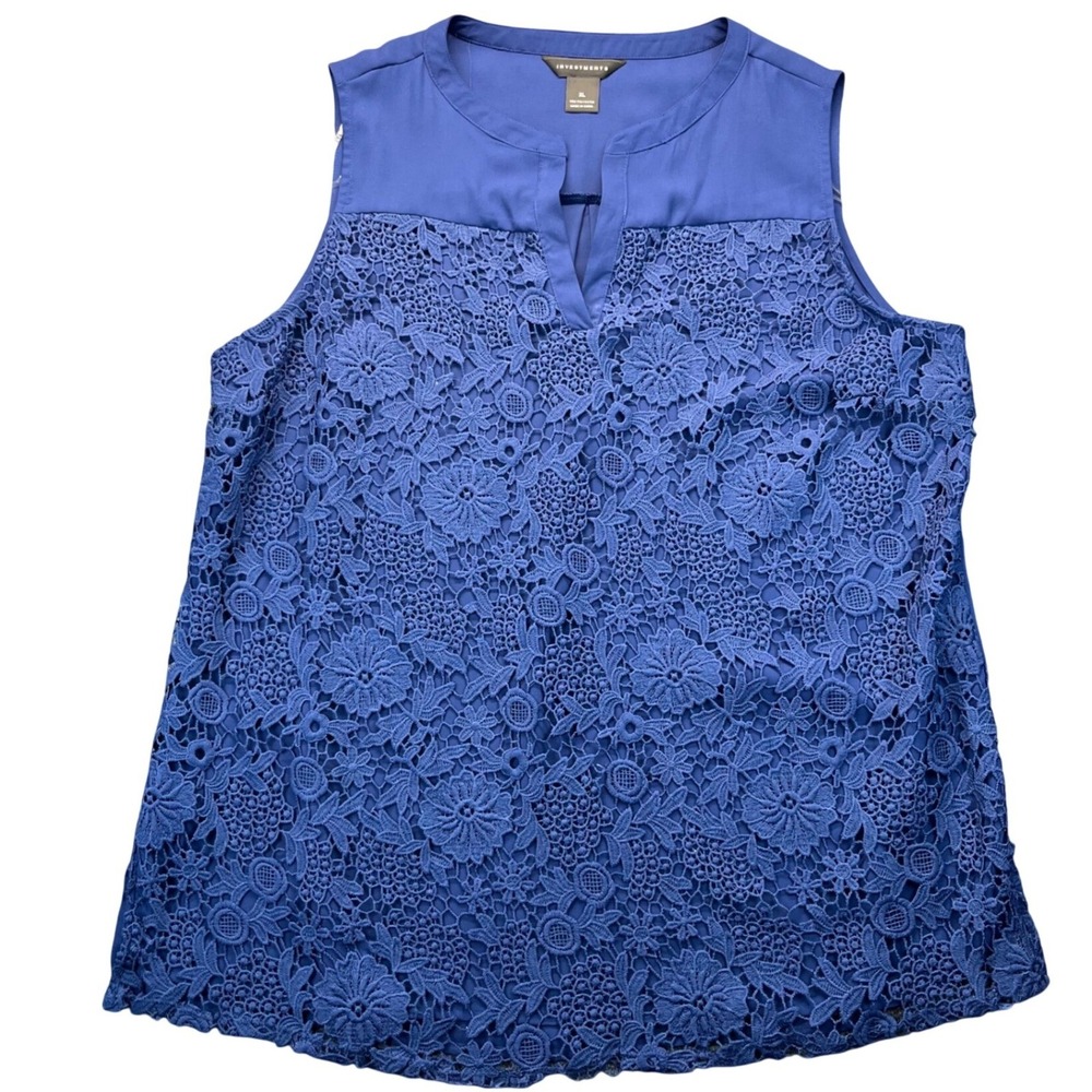 Investments Womens XL Blue Floral Lace Sleeveless Split V-Neck Blouse Top‎